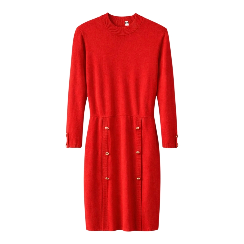 St. John Santana Knit Red Gold Button Dress NWT Size 10_ Minor Knit Irregularity